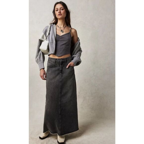 Free People Come As You Are Denim Maxi Skirt Mid Rise Cotton Size 2 Grey - Picture 2 of 11